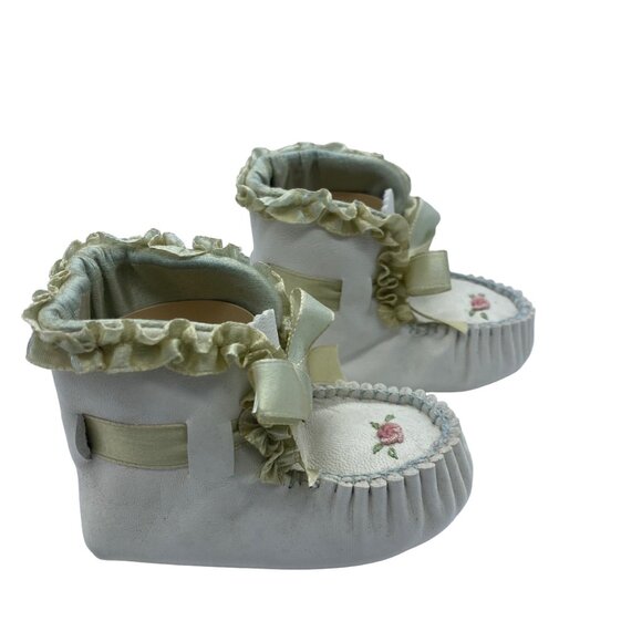 Vtg 1960s Baby Shoes Moccasins Soft Leather Hand-Embroidered Floral Design - Picture 2 of 9